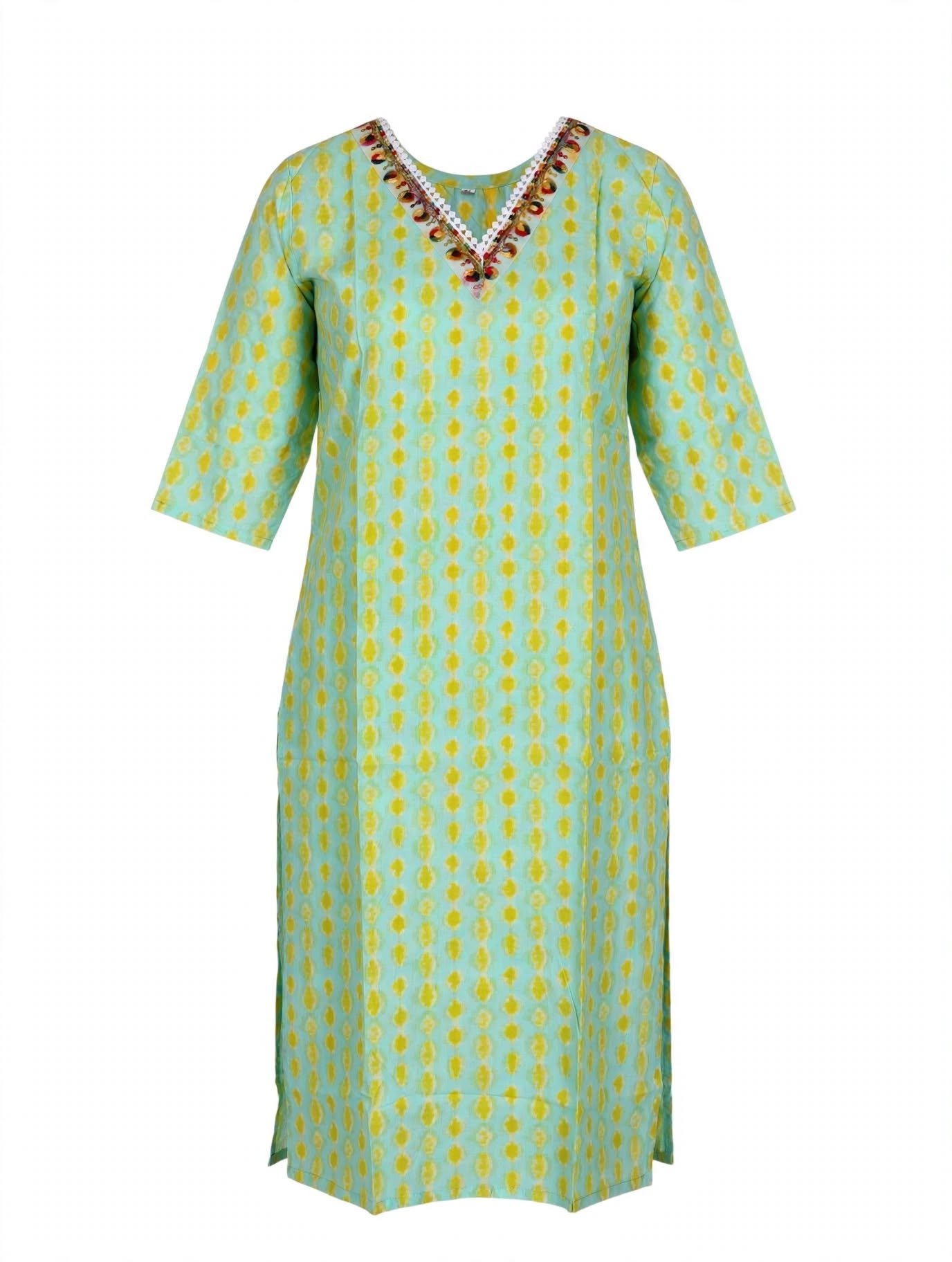 Women Cotton Ikat Print Straight Kurta - Green-Yellow | V-Neck with Mirror Embroidery | 3/4 Sleeve | Daily Wear Office Ethnic Kurti