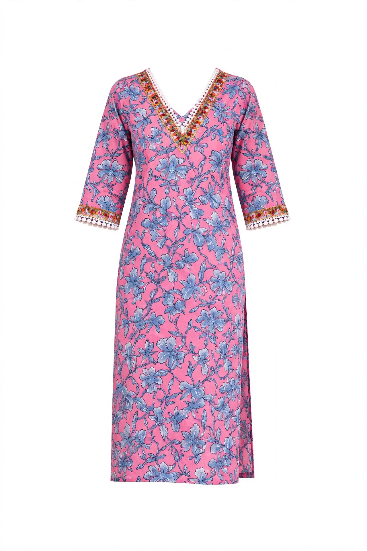 Women Cotton Floral Print Straight Kurta - Pink -Blue | V-Neck with Mirror Embroidery and Pom-Pom Lace | 3/4 Sleeve Office Wear Kurta