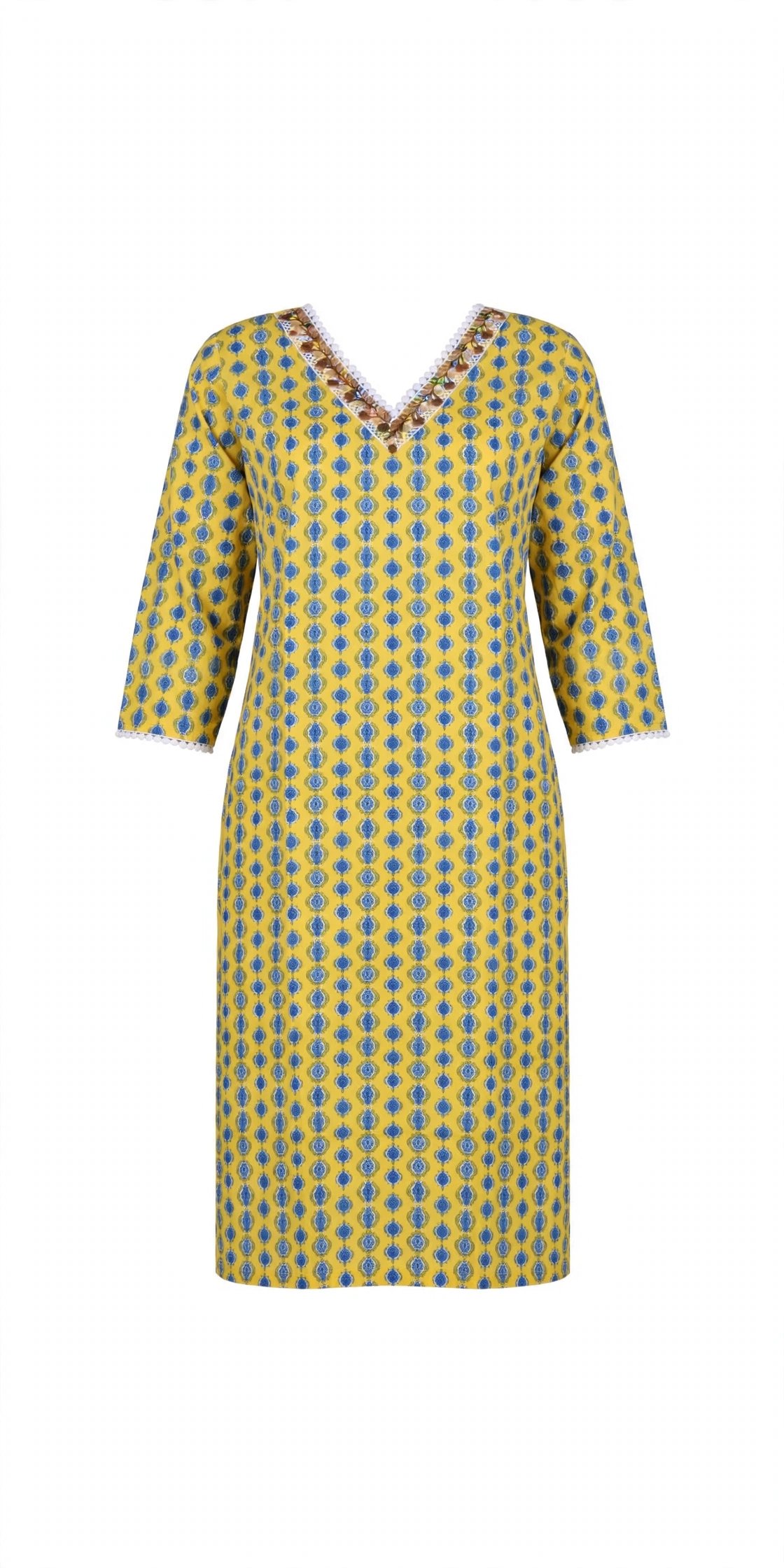 Women Cotton Ikat Print Straight Kurta - Mustard Yellow -Blue | V-Neck with Lace and Mirror Work | 3/4 Sleeve Office Wear Kurta